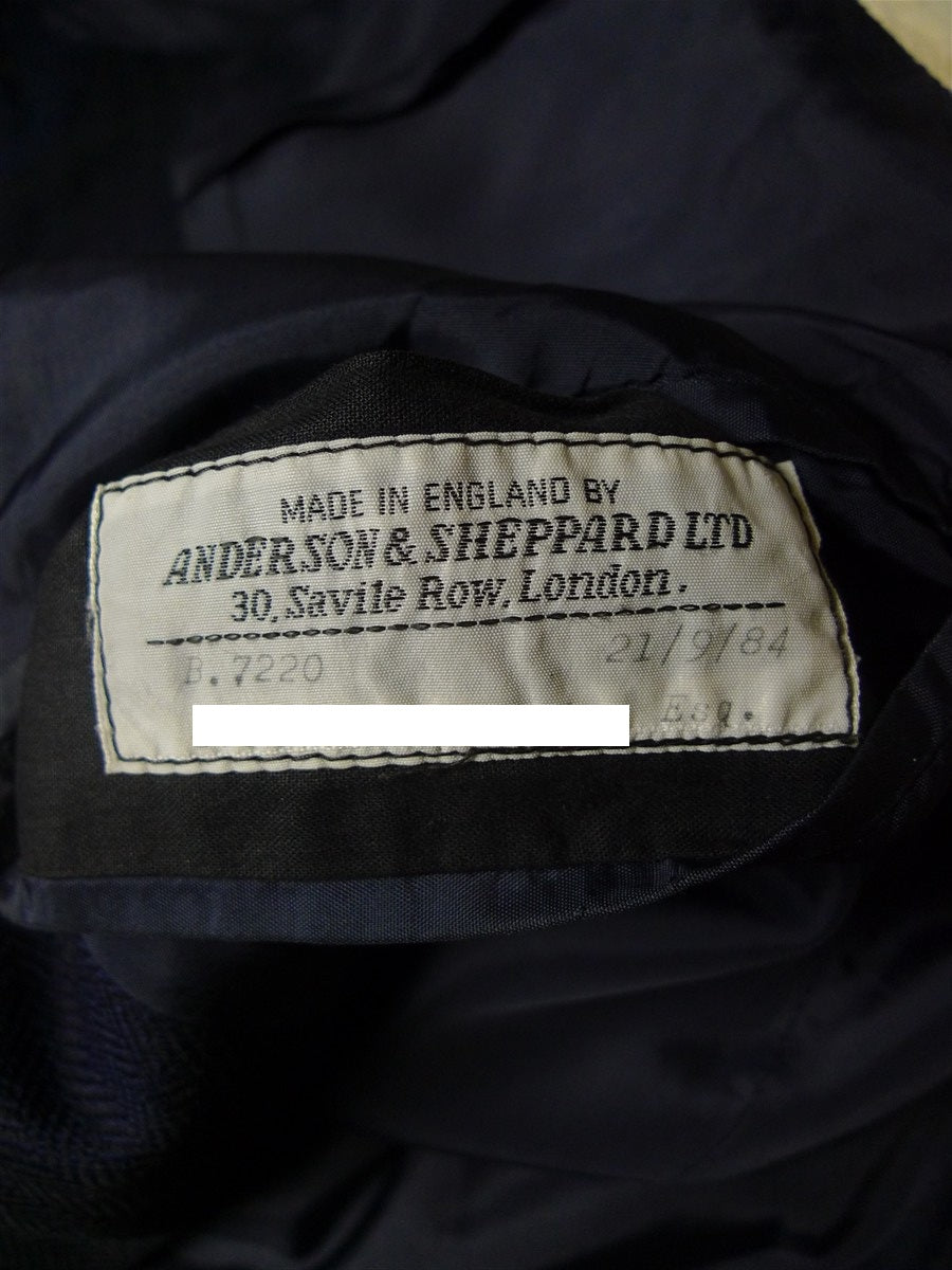 25/0771 vintage anderson & sheppard 1984 savile row bespoke navy blue herringbone wool d/b blazer jacket 44 extra long