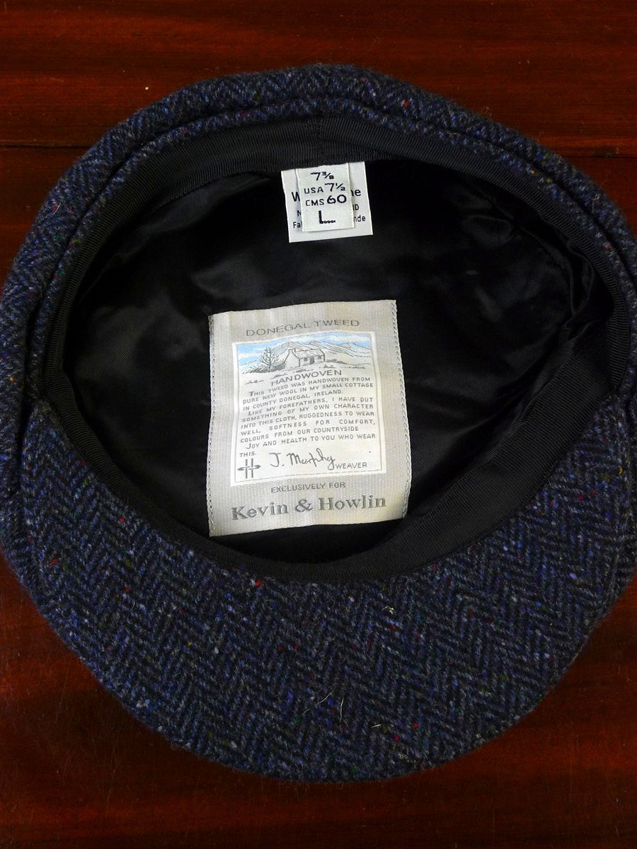 25/0837 immaculate blue herringbone donegal tweed flat cap 60 cms