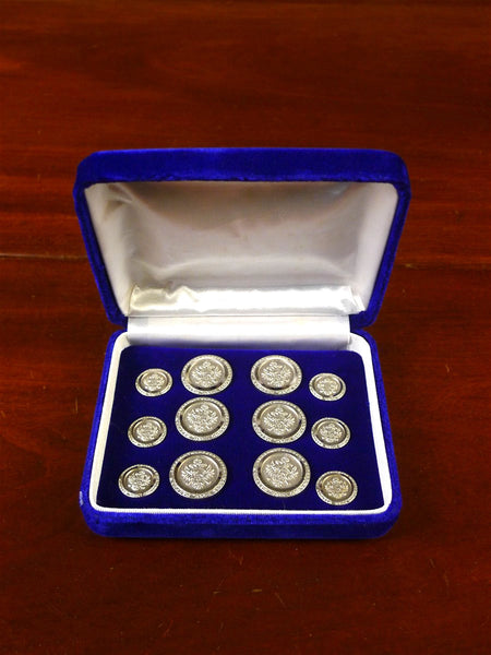 25/0846 mint bespoke silver metal / military? crest blazer buttons set in velvet box