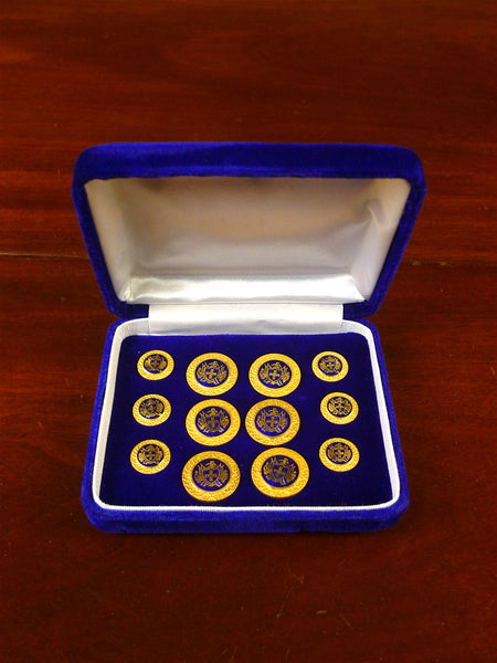 25/0844 mint bespoke gold metal / blue crest blazer buttons set in velvet box