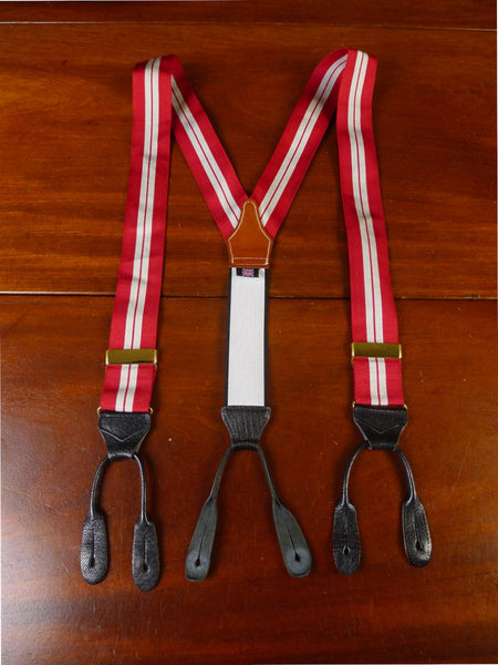 25/0864 albert thurston red / grey stripe woven silk braces w/ black leather ends multifit