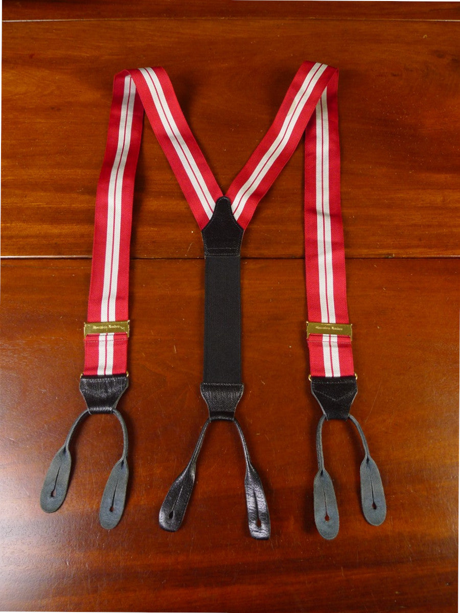 25/0864 albert thurston red / grey stripe woven silk braces w/ black leather ends multifit