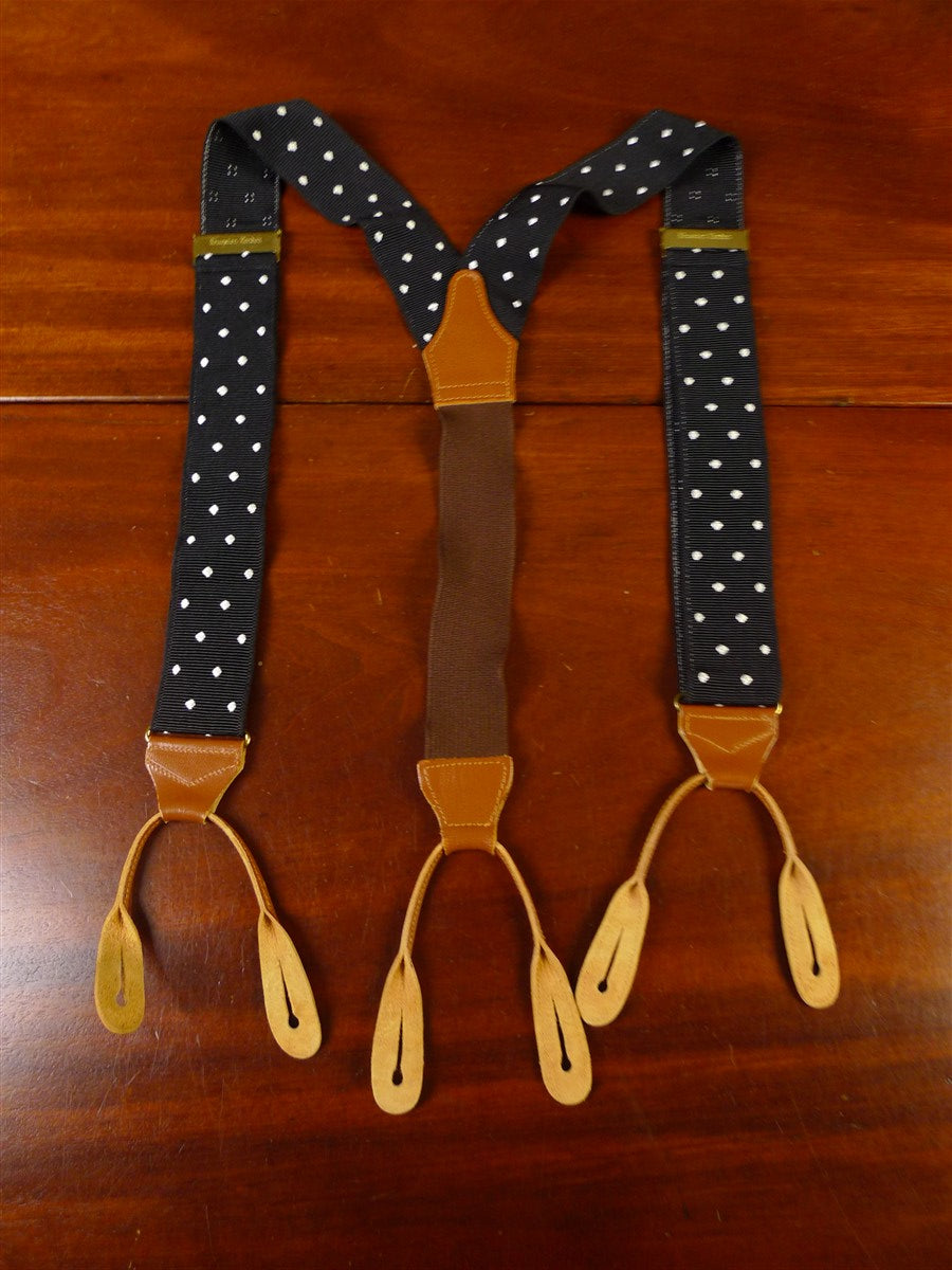 25/0863 albert thurston black / white polka dot woven silk braces w/ tan brown leather ends multifit