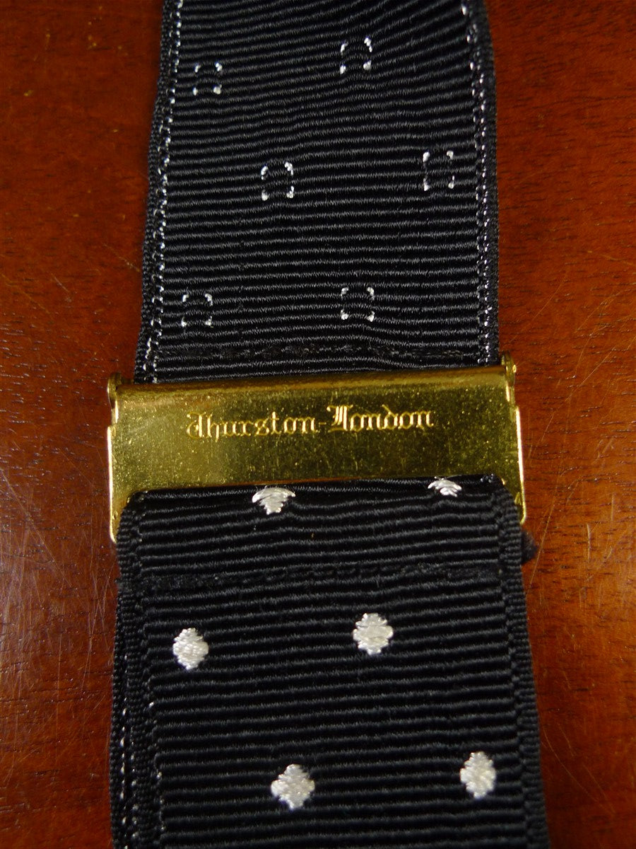 25/0863 albert thurston black / white polka dot woven silk braces w/ tan brown leather ends multifit