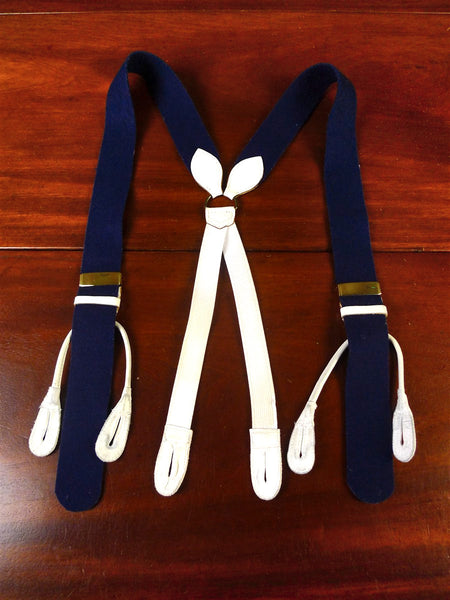 25/0861 albert thurston navy blue boxcloth braces w/ white leather ends multifit