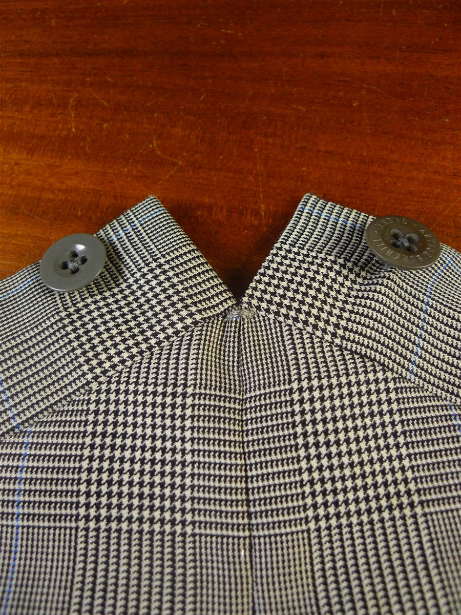 25/0867 denman & goddard 1995 savile row bespoke grey / blue prince of wales check worsted suit w/ 2 pair trs 42 long