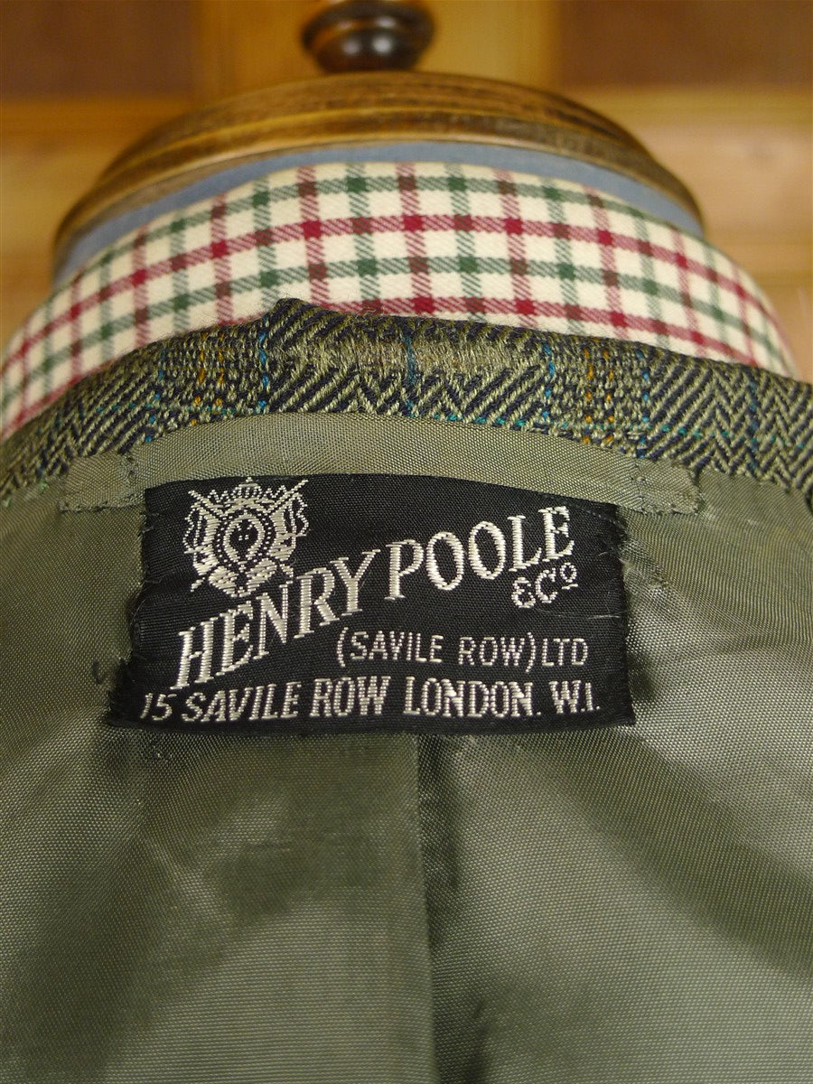 25/0912 vintage henry poole savile row bespoke brown green herringbone check wool & silk sports jacket blazer 38 short
