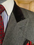 25/0927 vintage british grey herringbone d/b chesterfield overcoat w/ velvet collar 40 long