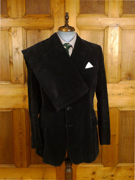 25/0980 vintage denman & goddard savile row bespoke heavyweight black corduroy 3-piece suit w/ red linings 41-42 long