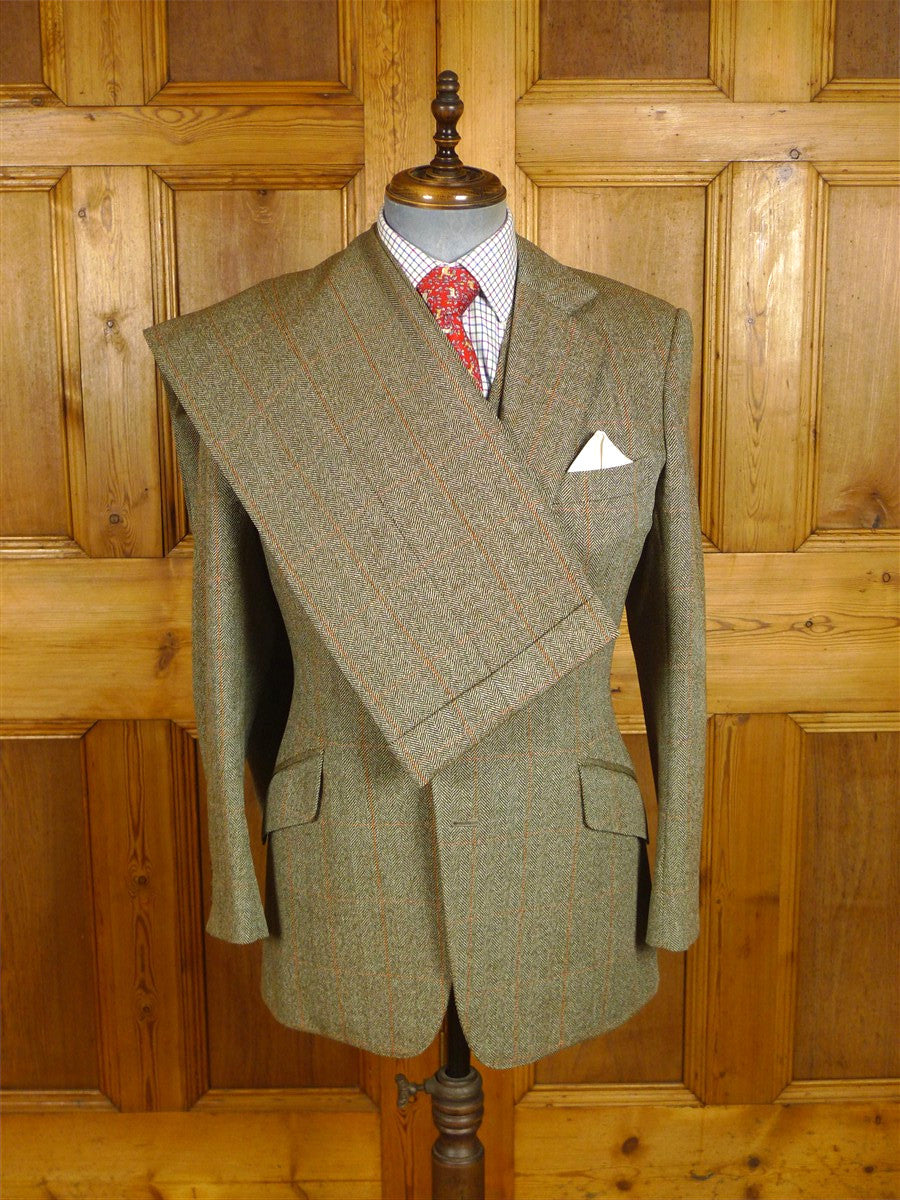 25/0979 beautiful vintage 1980 henry poole savile row bespoke green / amber wp check 3-piece tweed suit 39 regular