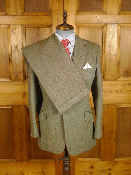 25/0979 beautiful vintage 1980 henry poole savile row bespoke green / amber wp check 3-piece tweed suit 39 regular