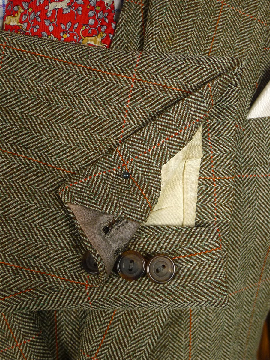 25/0979 beautiful vintage 1980 henry poole savile row bespoke green / amber wp check 3-piece tweed suit 39 regular