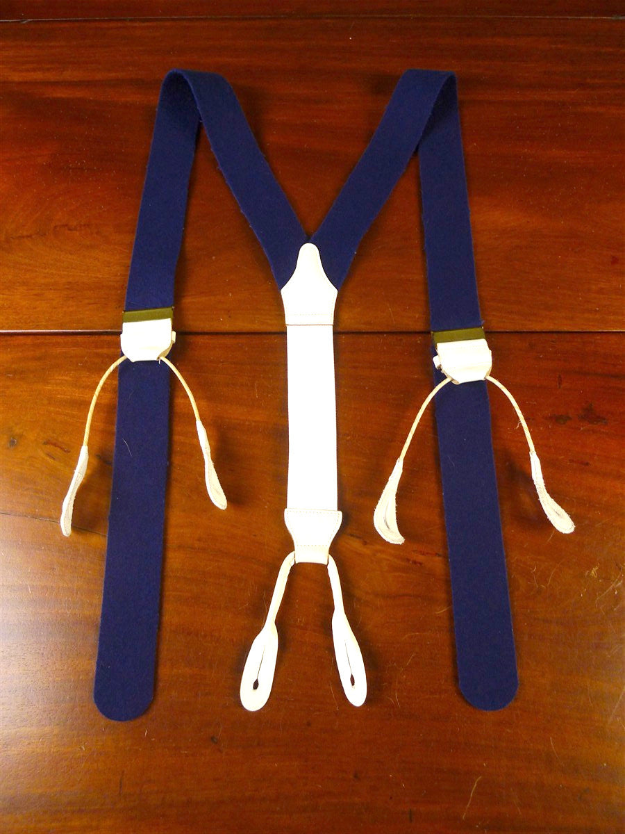 26/0002 immaculate quality british navy blue boxcloth braces w/ white leather ends multifit