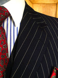 25/0977 vintage 1974 huntsman savile row bespoke heavyweight navy blue pin-stripe worsted 3-piece suit 39-40 short