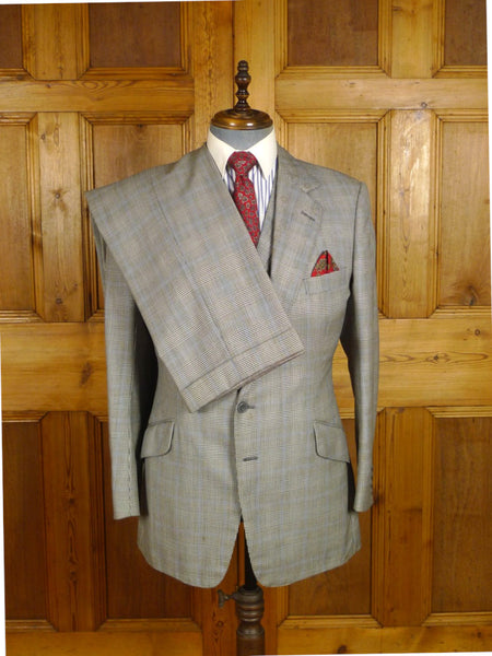 25/0978 vintage 1988 henry poole savile row bespoke grey / blue prince of wales check worsted suit 39 regular to long
