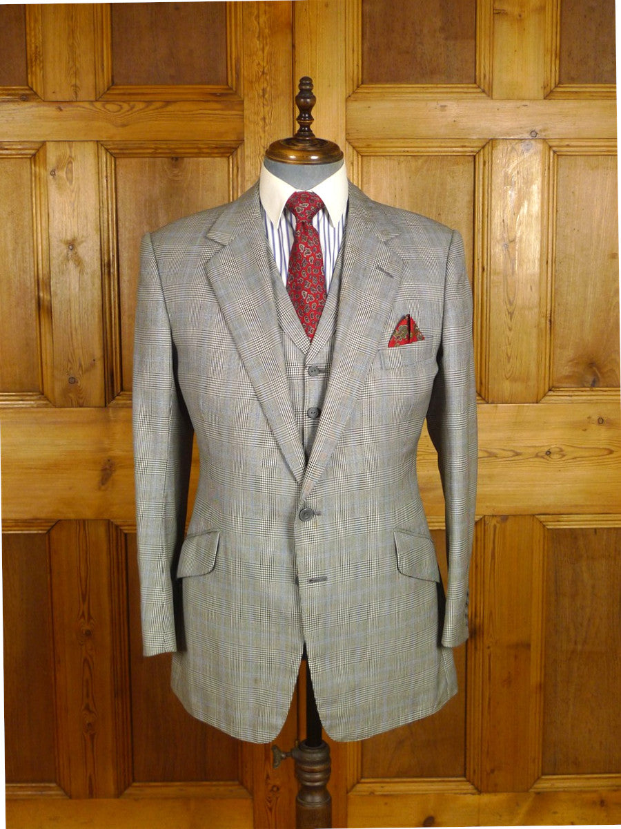 25/0978 vintage 1988 henry poole savile row bespoke grey / blue prince of wales check worsted suit 39 regular to long