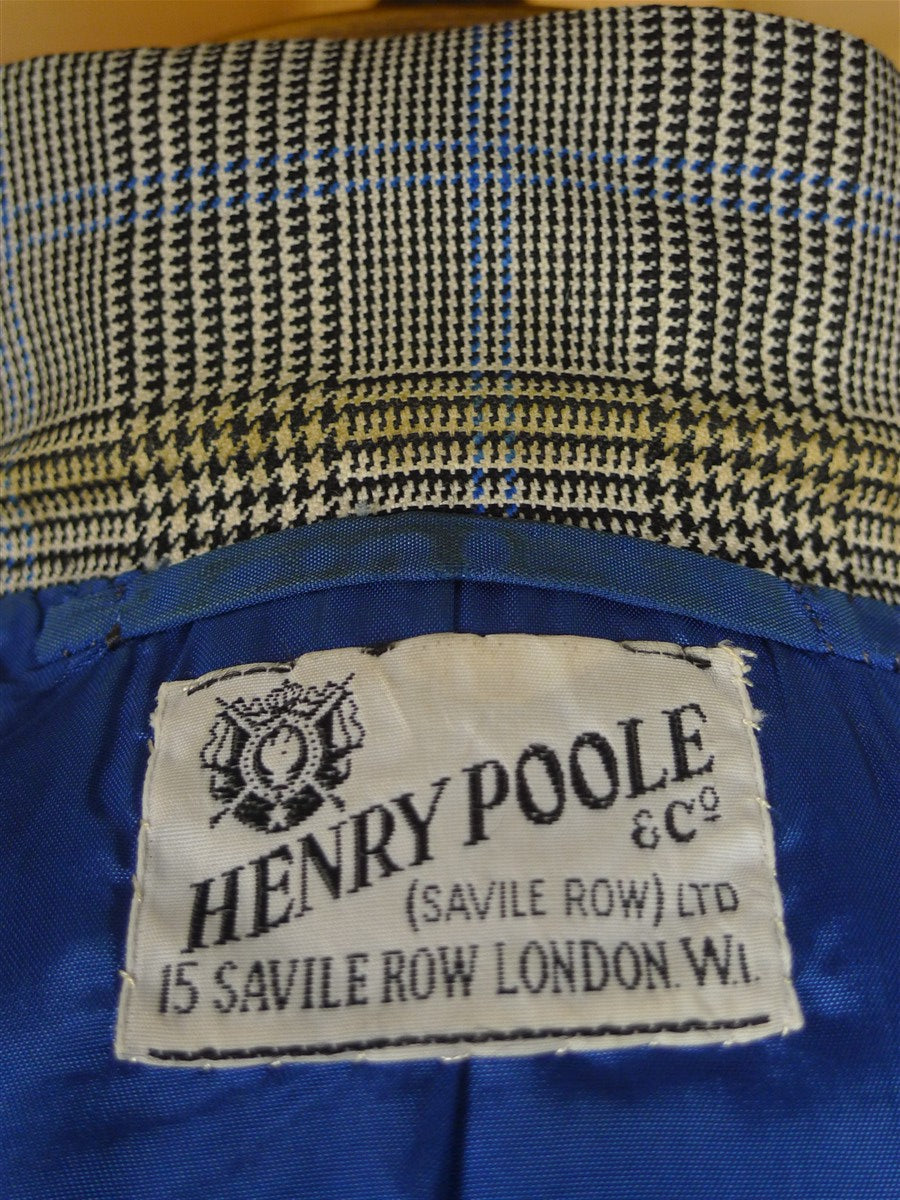 25/0978 vintage 1988 henry poole savile row bespoke grey / blue prince of wales check worsted suit 39 regular to long