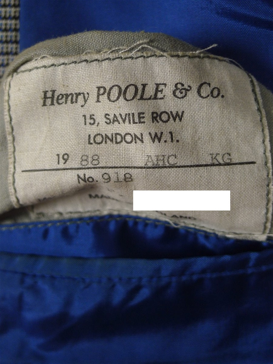 25/0978 vintage 1988 henry poole savile row bespoke grey / blue prince of wales check worsted suit 39 regular to long