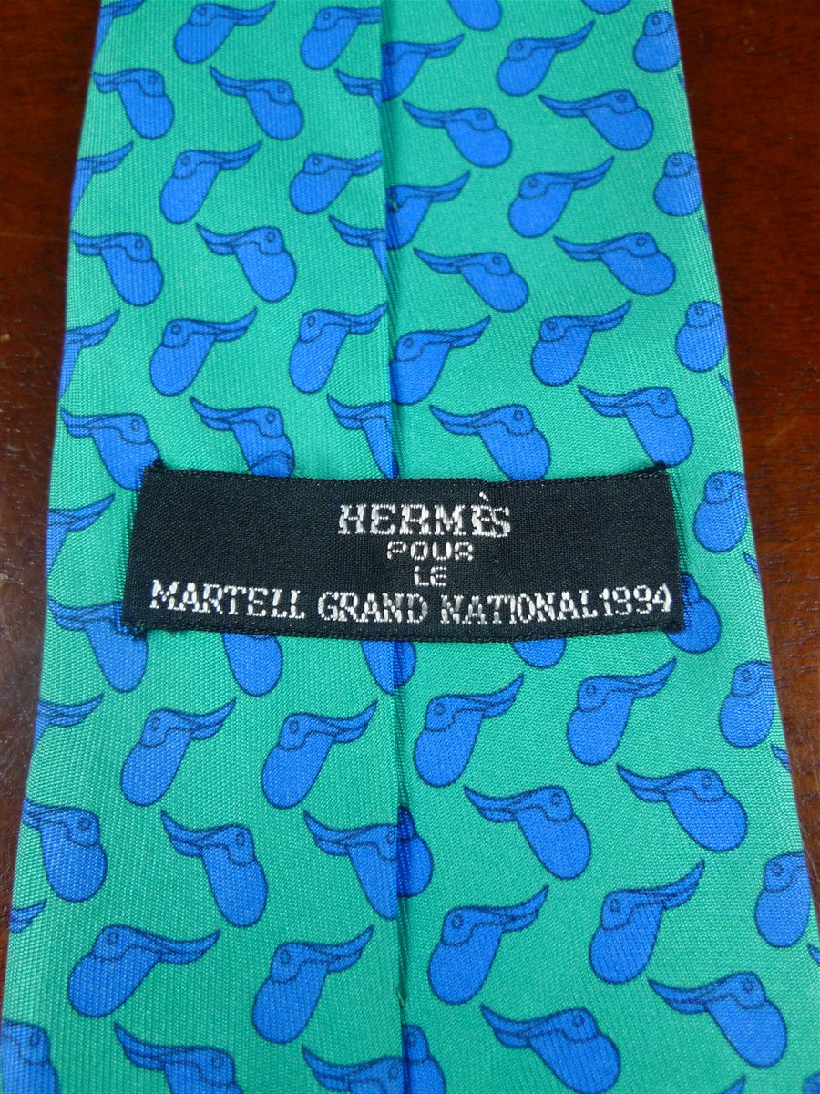 25/0957 hermes 1999 martell grand national green / blue saddle pattern silk tie 7173FA