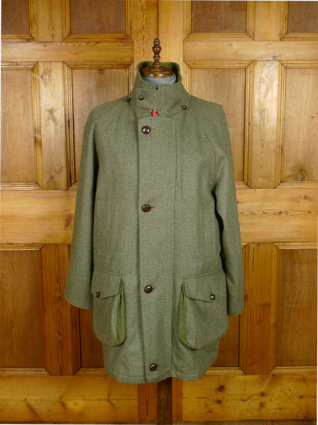 25/1023 immaculate john g hardy heavyweight green wp check tweed shooting field coat w/ detachable hood 40-42
