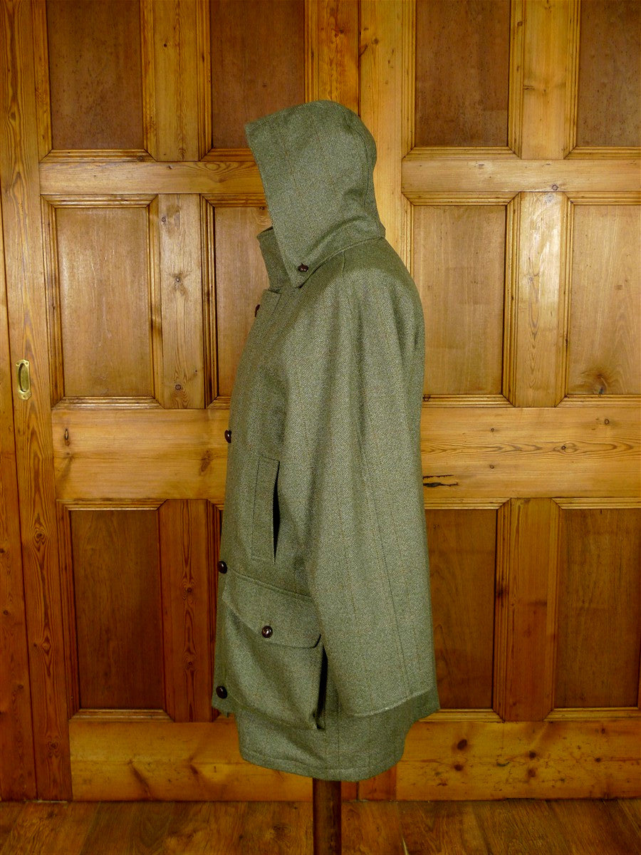 25/1023 immaculate john g hardy heavyweight green wp check tweed shooting field coat w/ detachable hood 40-42