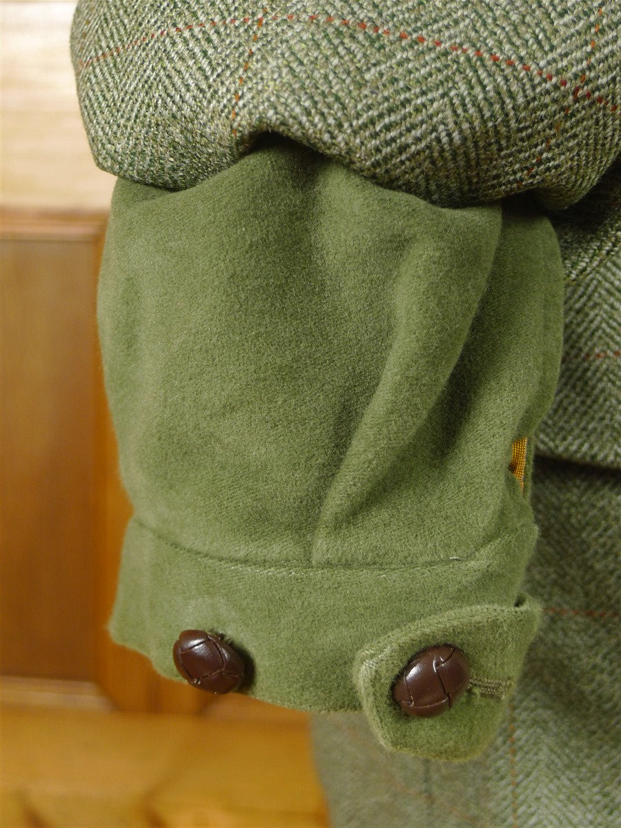 25/1023 immaculate john g hardy heavyweight green wp check tweed shooting field coat w/ detachable hood 40-42