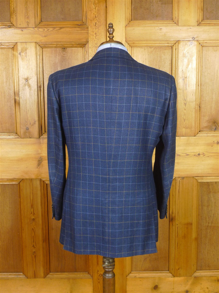 25/1014 gieves & hawkes savile row blue graph check wool silk & linen sports jacket blazer 46 regular