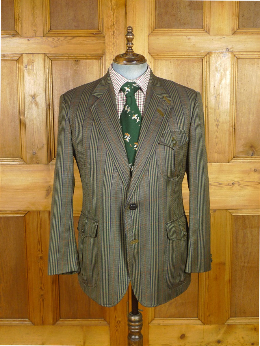 25/1010 daks jermyn street green gun check wool tweed half norfolk style sports jacket w/ suede trims 44 short