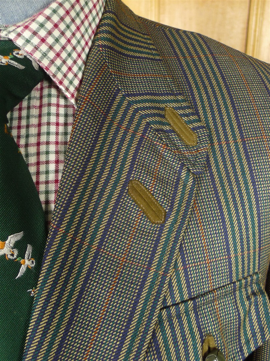 25/1010 daks jermyn street green gun check wool tweed half norfolk style sports jacket w/ suede trims 44 short