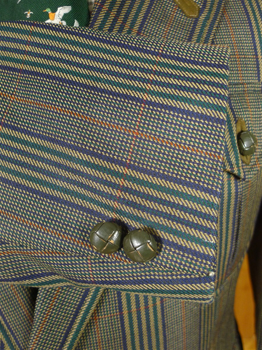 25/1010 daks jermyn street green gun check wool tweed half norfolk style sports jacket w/ suede trims 44 short