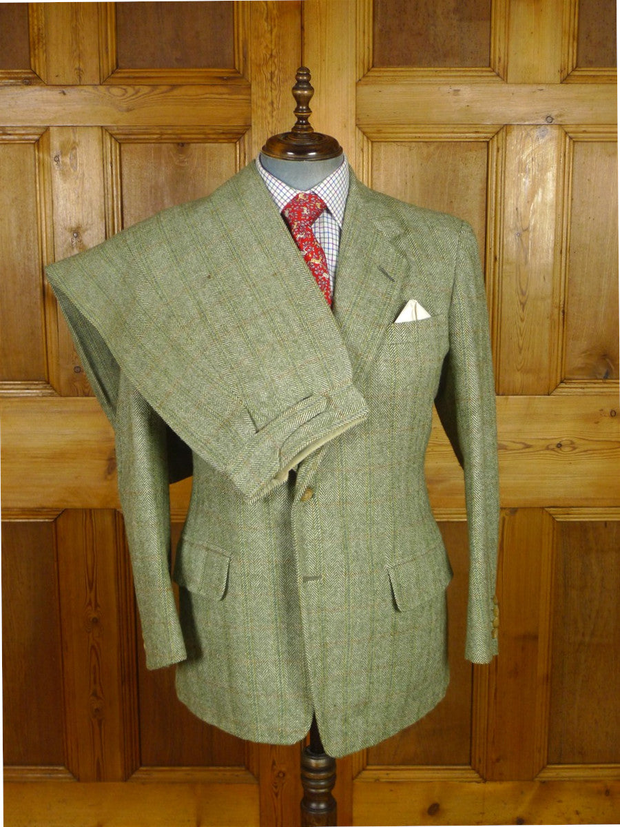 25/1061 beautiful 1980 vintage anderson & sheppard savile row bespoke heavyweight green / amber wp check tweed shooting suit w/ breeks 42 regular