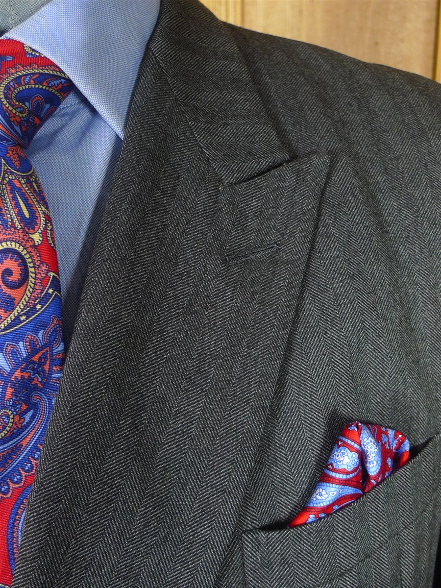 25/1073 near immaculate 2010 dege & skinner savile row bespoke heavyweight grey herringbone d/b worsted suit 46 regular w/ 2 pair trs