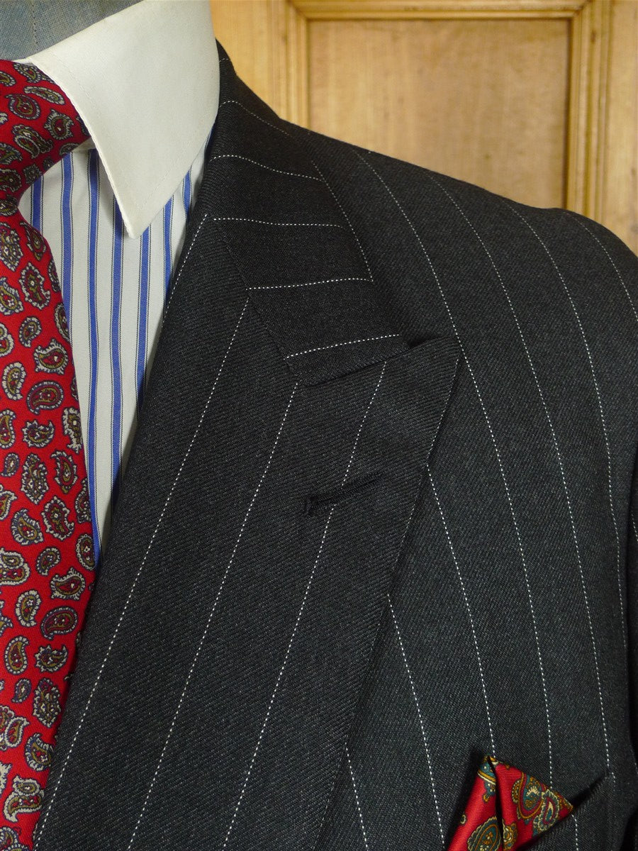 25/1075 superb 2000 dege & skinner savile row bespoke heavyweight grey pin-stripe d/b worsted suit 45 regular w/ 2 pair trs