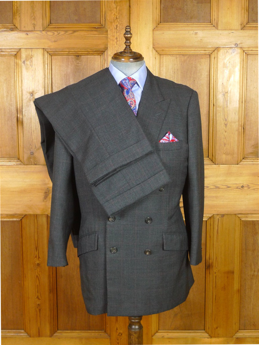 25/1101 dege & skinner 1999 savile row bespoke heavyweight grey red prince of wales check worsted d/b suit w/ 2 pair trs 45 regular to long