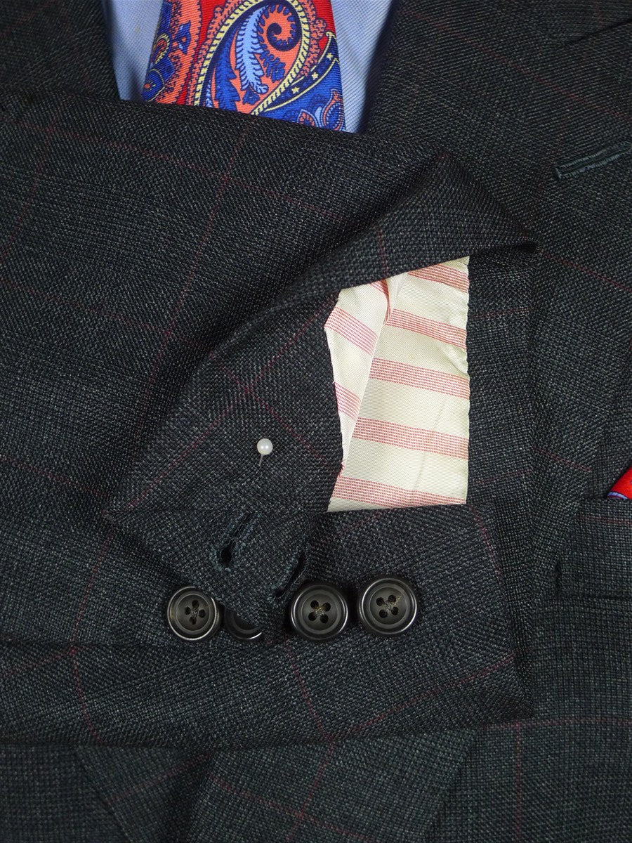 25/1101 dege & skinner 1999 savile row bespoke heavyweight grey red prince of wales check worsted d/b suit w/ 2 pair trs 45 regular to long