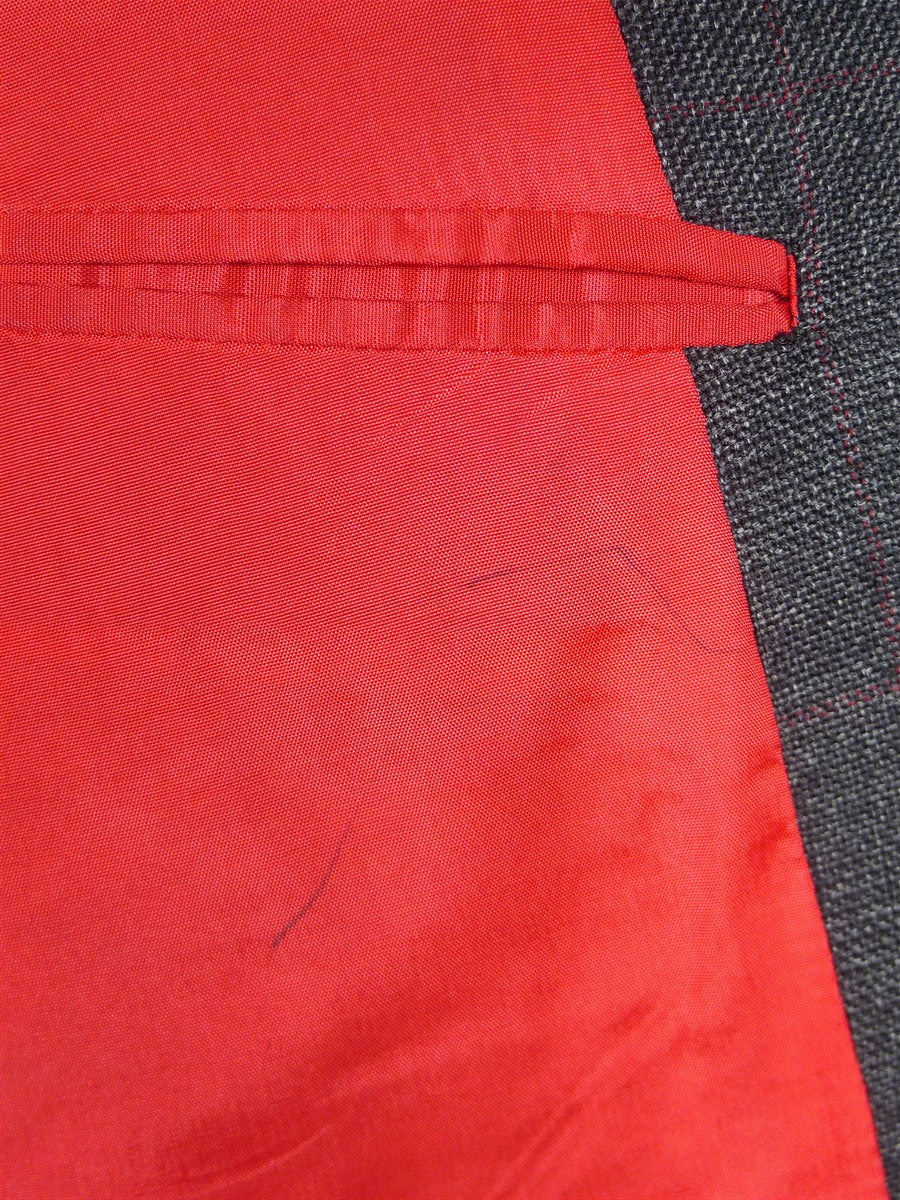 25/1101 dege & skinner 1999 savile row bespoke heavyweight grey red prince of wales check worsted d/b suit w/ 2 pair trs 45 regular to long