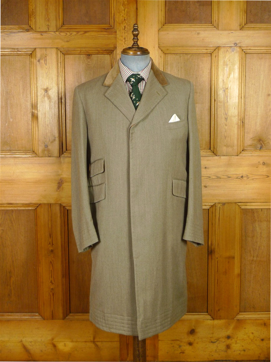 25/1117 vintage colin de'ath savile row bespoke stone ventian wool cover coat overcoat w/ velvet collar 42 regular to long