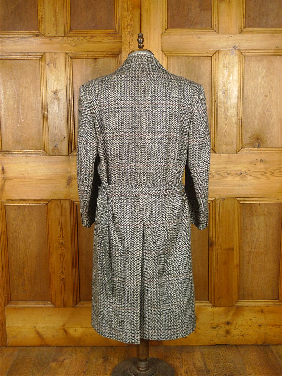 25/1106 full-length vintage crombie grey glen check d/b wool overcoat w/ belt 40-42 regular
