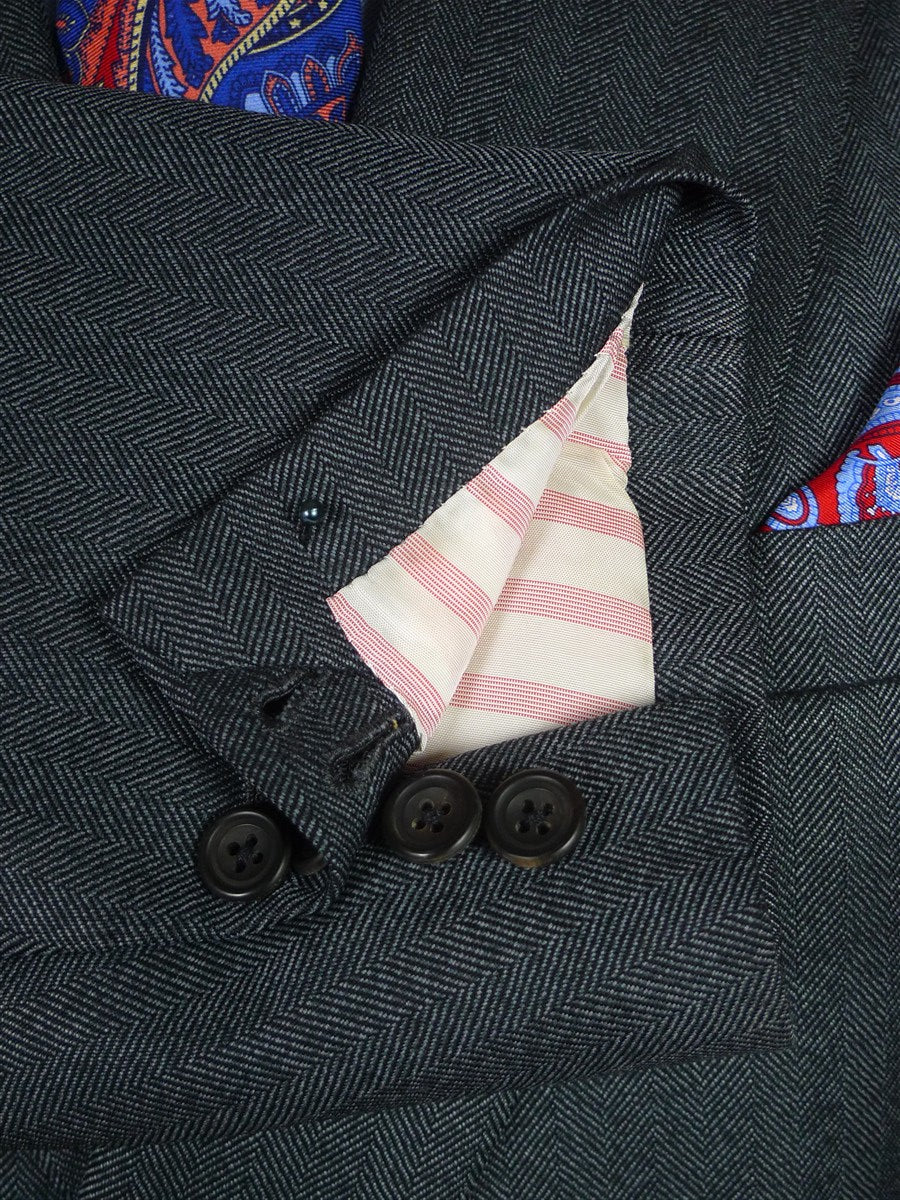 25/1134 dege & skinner 2002 savile row bespoke heavyweight grey herringbone worsted d/b suit w/ 2 pair trs 44 regular