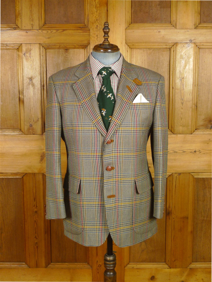 25/1161 vintage daks glen check wool tweed sports jacket w/ 'dd' leather buttons 42 short to regular