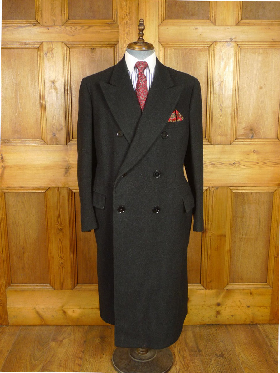 25/1179 genuine 1950s vintage extra-heavyweight full-length d/b charcoal grey herringbone weave d/b king coat overcoat 42 long