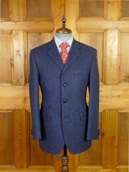 25/1190 immaculate daks london blue herringbone wool tweed sports jacket blazer w/ suede trims 38 regular