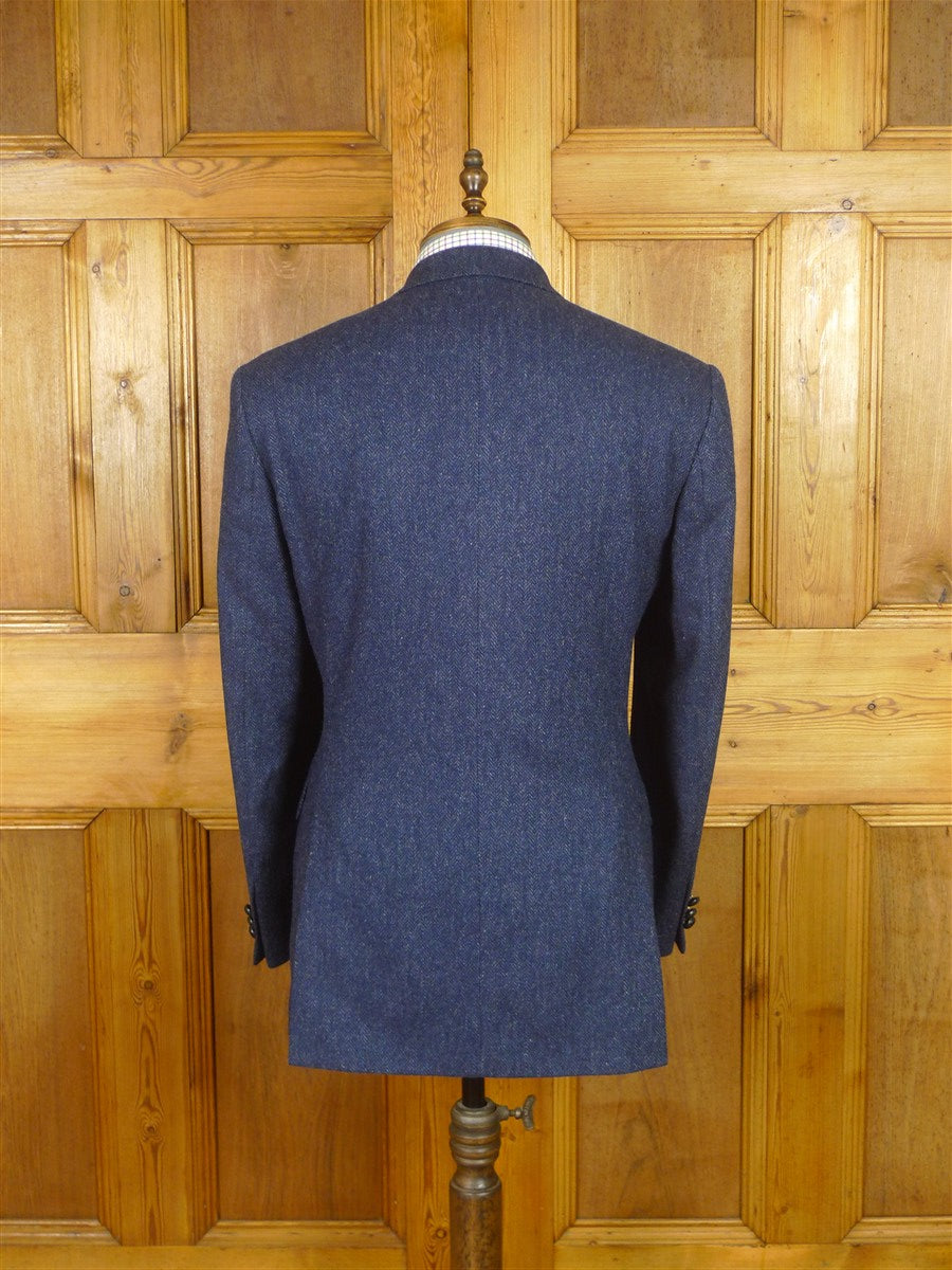 25/1190 immaculate daks london blue herringbone wool tweed sports jacket blazer w/ suede trims 38 regular