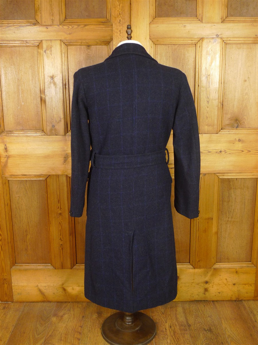 25/1195 stunning genuine cc41 utility mark 1940s vintage ww2 era navy / royal blue wp check d/b heavyweight wool tweed overcoat w/ original belt 41-42 long