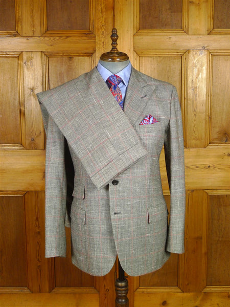 25/1193 immaculate 2011 italian bespoke wool linen & silk grey / red wp check roll-lapel suit 42 regular