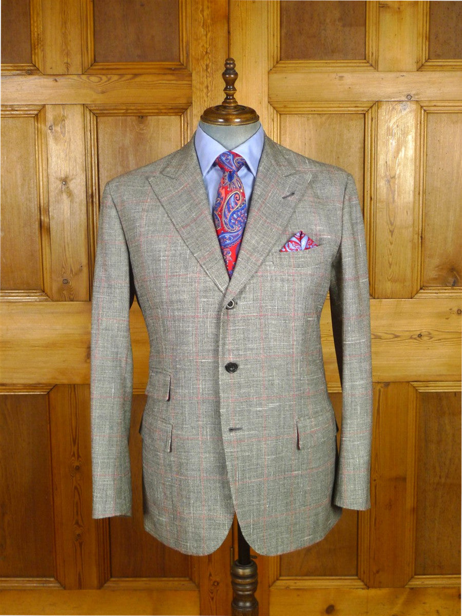 25/1193 immaculate 2011 italian bespoke wool linen & silk grey / red wp check roll-lapel suit 42 regular