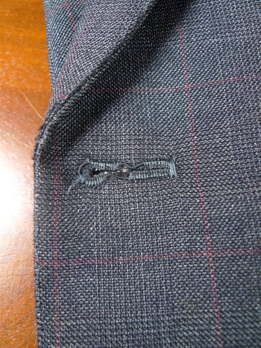 25/1101 dege & skinner 1999 savile row bespoke heavyweight grey red prince of wales check worsted d/b suit w/ 2 pair trs 45 regular to long