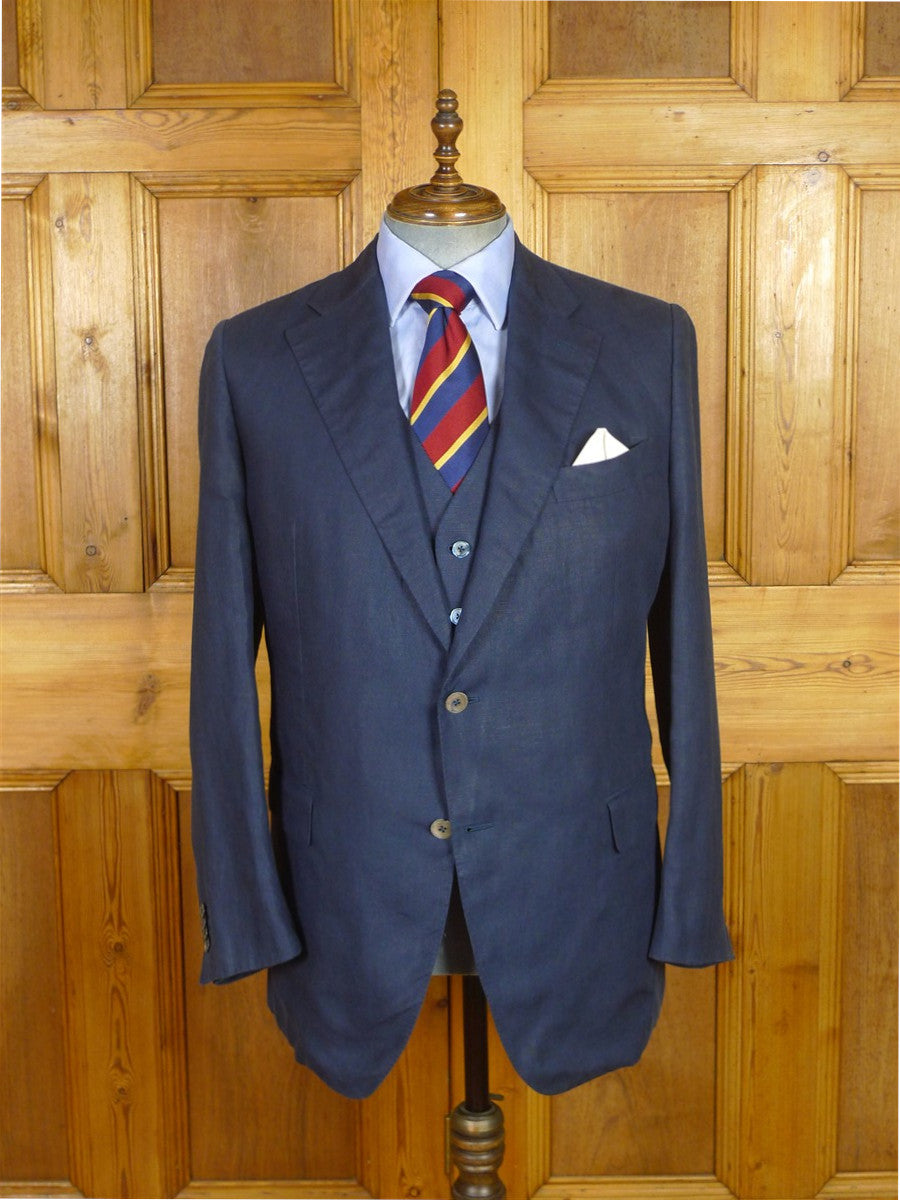 25/1215 immaculate 2015 italian bespoke dark blue 3-piece linen suit w/ mother of pearl buttons 44 regular