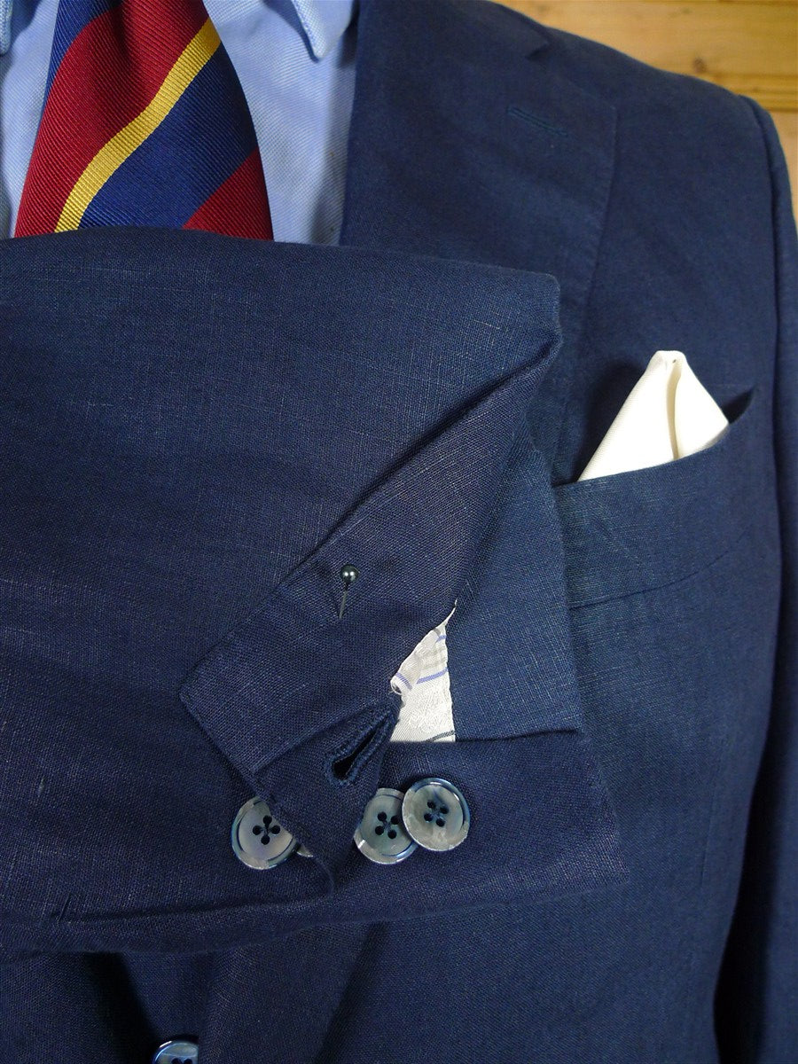 25/1215 immaculate 2015 italian bespoke dark blue 3-piece linen suit w/ mother of pearl buttons 44 regular