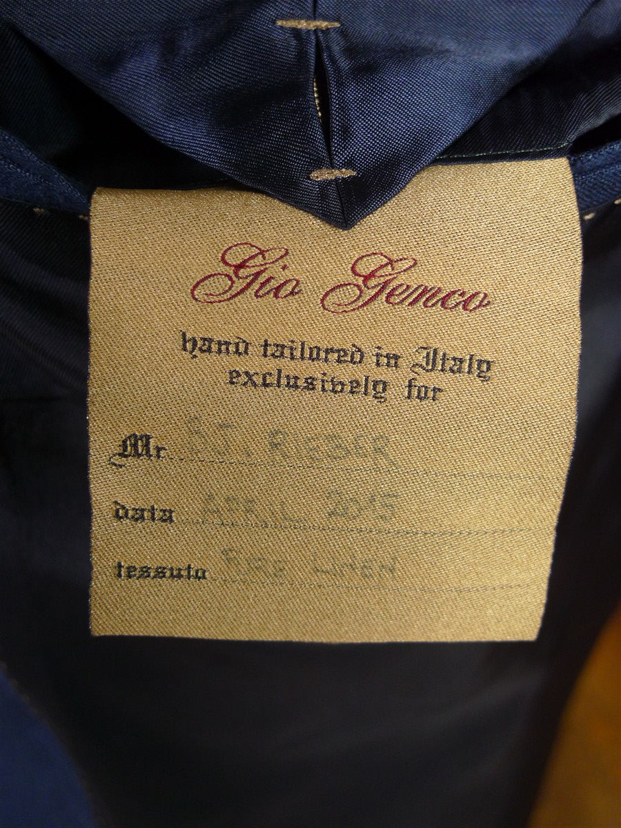 25/1215 immaculate 2015 italian bespoke dark blue 3-piece linen suit w/ mother of pearl buttons 44 regular